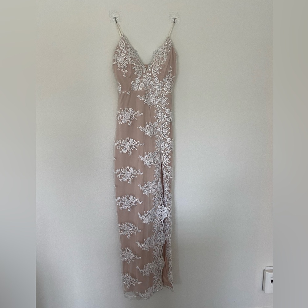 Windsor Champagne and Lace Dress with Leg Slit, Homecoming and Prom